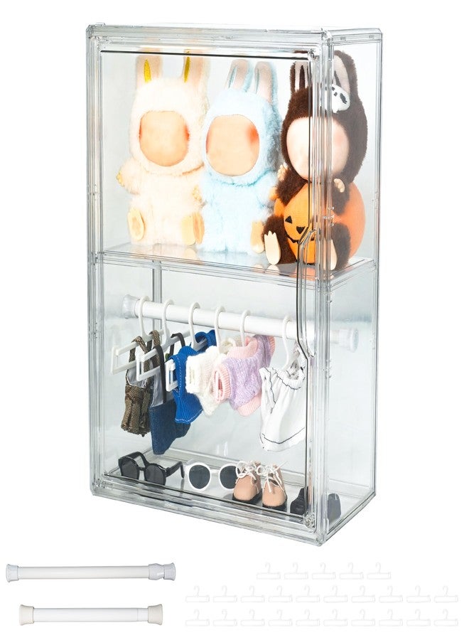 Treayes Clear Doll Display Case Compatible with Labubu- 2 Tier Organizer for 7 Inch Dolls & Clothes, Includes 20 Mini Hangers & 2 Rods | Doll Wardrobe Shelf - Image 1